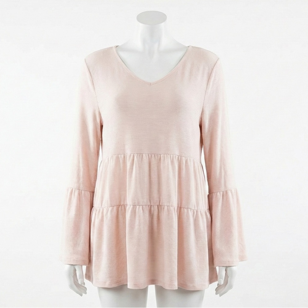 Hannah Striped Lace Back Tiered Babydoll Tunic Top Large